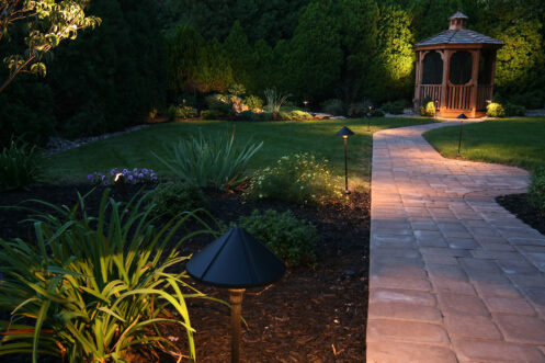 Outdoor lighting in the backyard of a home